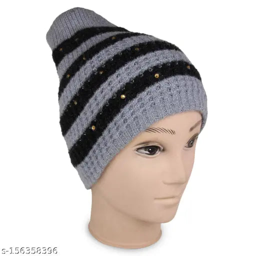 Grey/Black striped woolen beanie for men & women, expands to fit most adults - Neska Moda Winter CapKC471