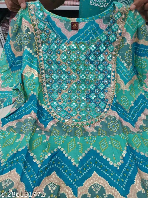 Gold foil print embroidered cotton anarkali kurta, three-quarter sleeves, latest Indian design - M (bust size: 38in), L (bust size: 40in)