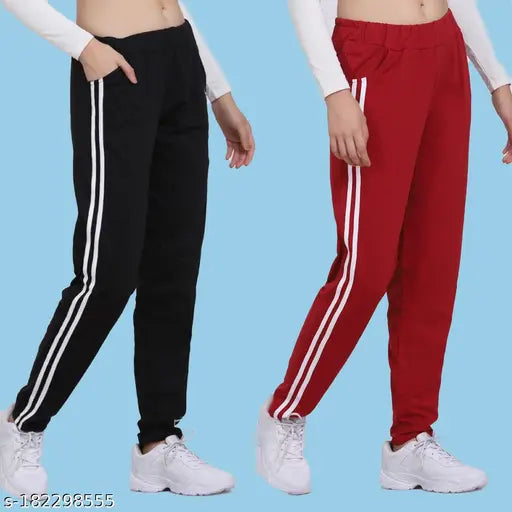 Athletic tracksuit set, womens' casual leisure wear, red and black sweatpants jogger pants, elastic waistband drawstring, zippered pockets, cotton material