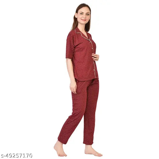 Maroon polka dot nylon hosiery top and pyjama night suit, vibrant design for festive or casual wear, soft and comfortable Stylemyth women's set in 2-pack