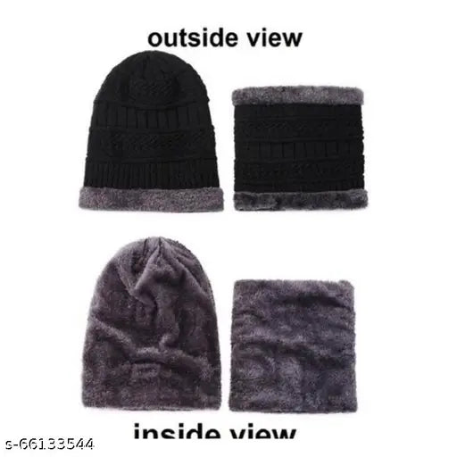 Black winter beanie set with balaclava cap & neck warmer scarf, thick thermal spun acrylic wool for Men & Women
