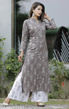 Rayon long kurta and plazo set, printed net with three-quarter sleeves, Indian fashion for women on display
