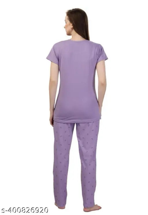 Purple hosiery cotton printed half sleeve nightsuit top and pyjama set for ladies, features short sleeves and regular fit