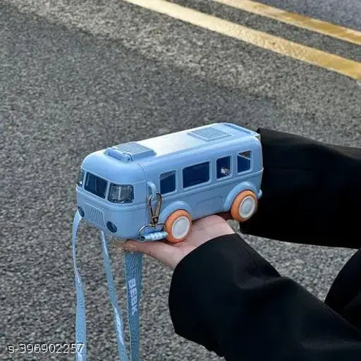 Blue school bus-shaped kids' anti-leak sipper water bottle with wheels, ideal for school, travel, or outdoor activities