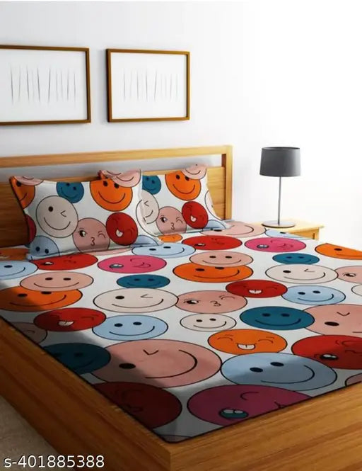 Elastic Fitted Glace-Cotton Bedsheet For Double Bed With 2 Pillow Covers