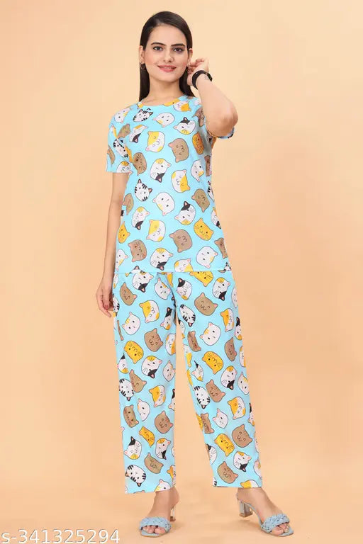 Women's premium quality printed pyjama set, 2-piece in polycotton, short sleeves, multiple sizes available