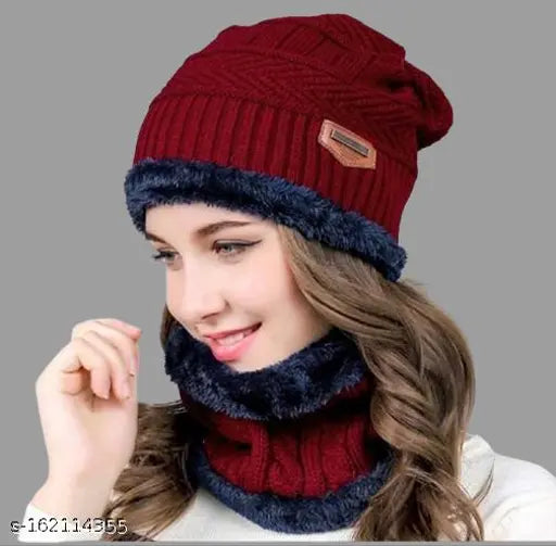 Maroon knit cap with tassel, neck scarf set. Women's fashion winter accessories