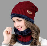 Maroon knit cap with tassel, neck scarf set. Women's fashion winter accessories
