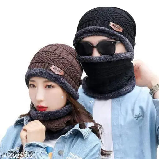 Unisex black-brown woolen beanie cap & neck warmer set (2pcs), premium quality winter accessory with textured knit pattern, soft fabric for men, women, and children