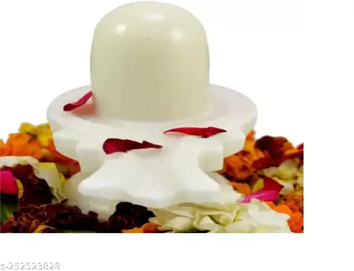 White marble Shiva Lingam, 35 inches, decorative showpiece, with petals.