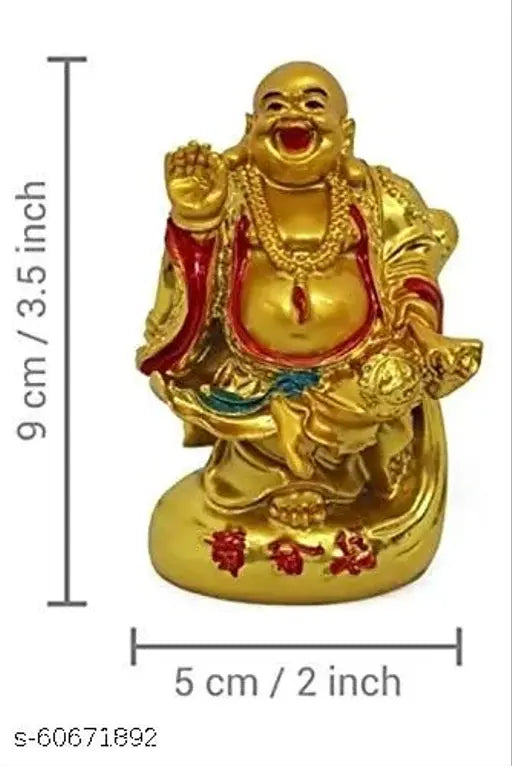 Gold laughing buddha figurine, with red and blue decorations, 6cm height
