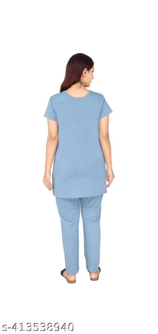 Printed polycotton nightsuit, women's summer daily wear with round neck and short sleeves, loose-fitting and comfortable