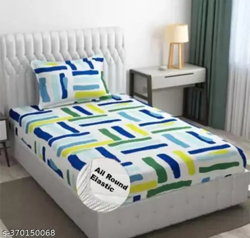 Glace cotton, geometric-patterned, superfine fitted single bedsheet & pillow cover with elastic border. Ideal for summer, adult use on up to 8" mattresses. Made in India