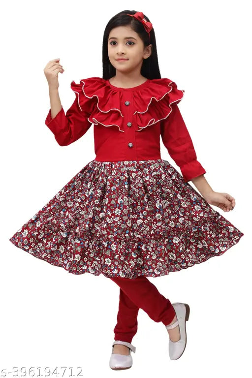 Printed crepe anarkali knee-length frock dress for girls, without dupatta, three-quarter sleeves. Indian girls' top & bottom set