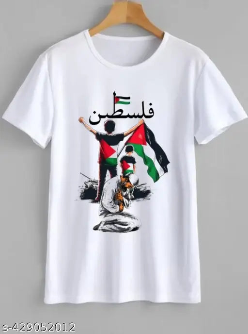 Red polyester Free Palestine t-shirt with printed design, short sleeves
