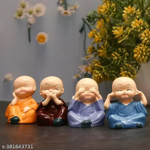 Mini Buddha Monk set of 4 (India), decorative statues for living room, bookshelf, tabletop, car dashboard, office desk