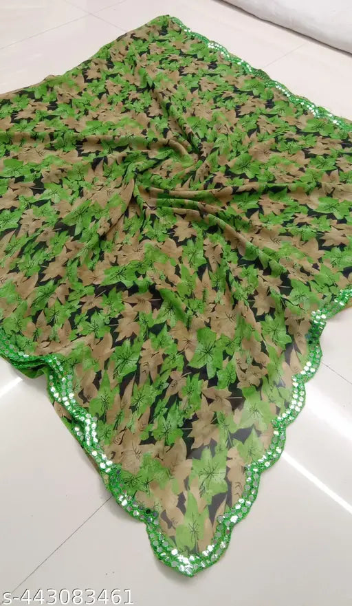 Women's soft georgette sari with mirror work, floral design, and cut-work details. Ideal for special occasions like Diwali