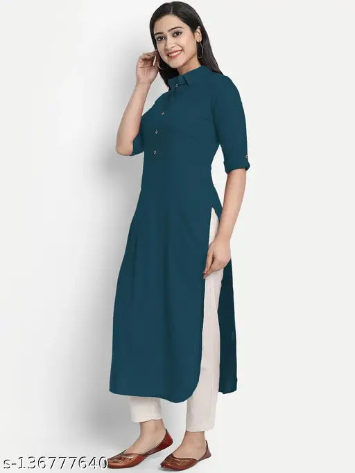 Dark blue rayon kameez with long sleeves and straight cut