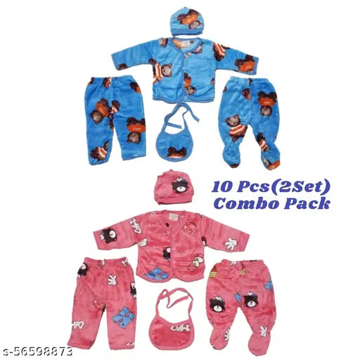 Velvet long-sleeve baby sweater set: 5 pc complete clothes (bib, cap, pajamas, upper), 0-3M, 0-6M, 3-6M. Indian origin