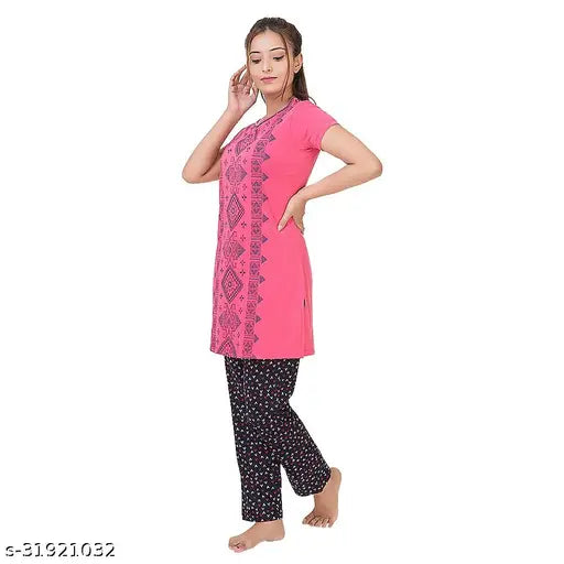 Bell Paper cotton half sleeve women's night suit, printed flower on round neck, comfortable cotton fabric, India origin