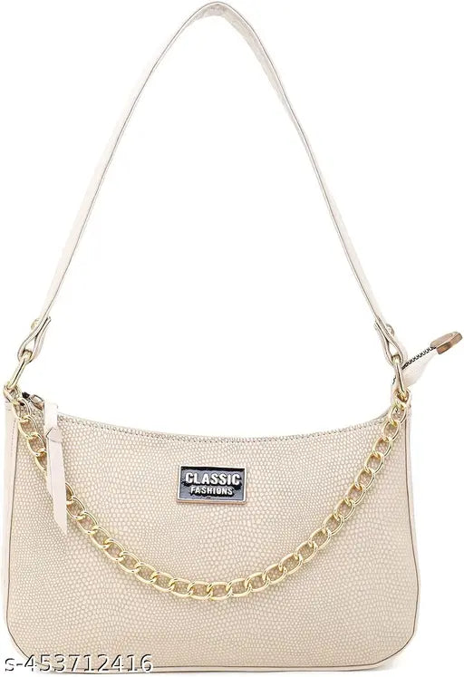 Light beige leather purse with gold chain details