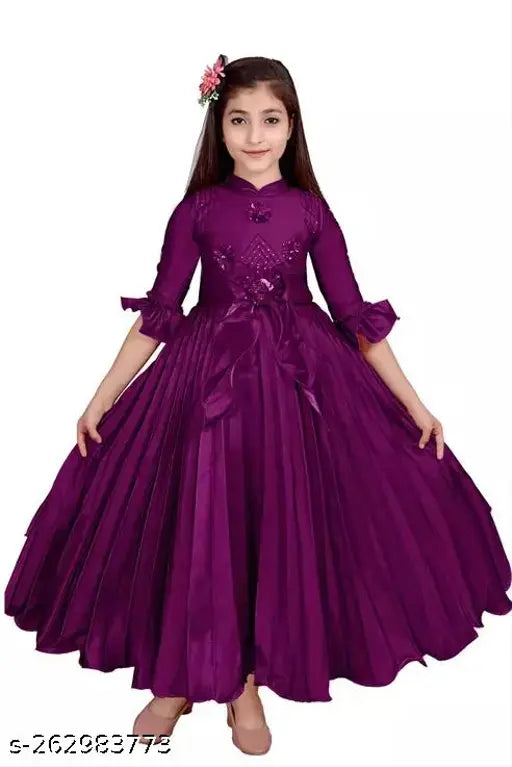 Purple silk three-quarter sleeve party/casual dress for girls, best-selling stylish design