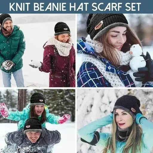 Knit beanie cap and scarf set. Wool, black, white, gray