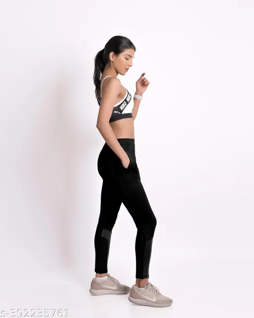 Cotton blend high-waisted workout leggings with side pockets for women and girls, solid net, breathable, squat proof, stretchable and tearproof gym wear, made in India