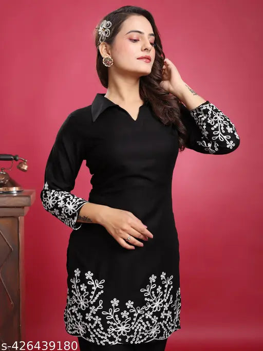 Black embroidered rayon set for women and girls, long-sleeved Indian attire with matching top and bottom in black color