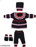 Woolen newborn frock set with cap & socks (India), warm printed long sleeve outfit for winter babies