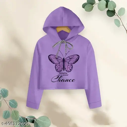 Purple printed crop top hoodie for girls, cotton blend long sleeves, best with black or blue jeans, size 9-12 years