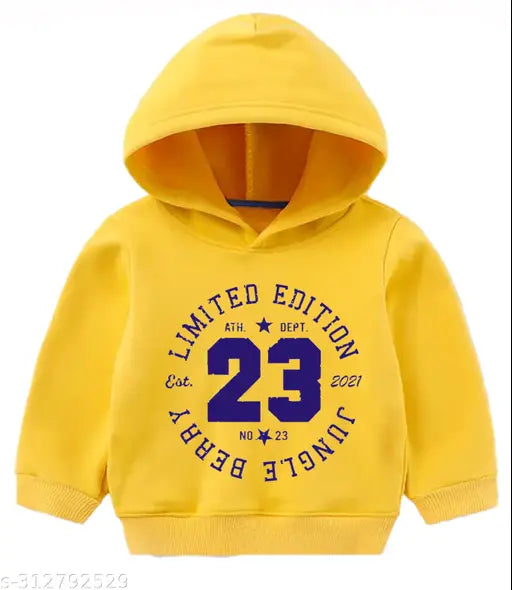 Yellow cotton blend kids hoodie for winter, full sleeve with printed design