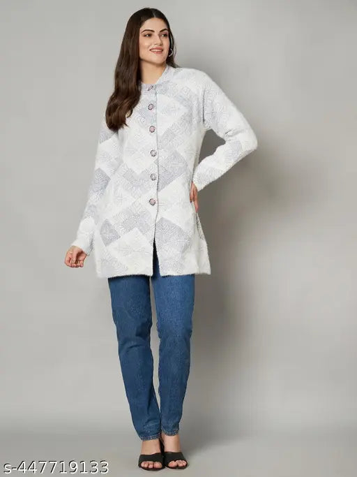 Embroidered net pattern, long sleeve women's wool sweater. Warm and stylish eWools winter wear from India