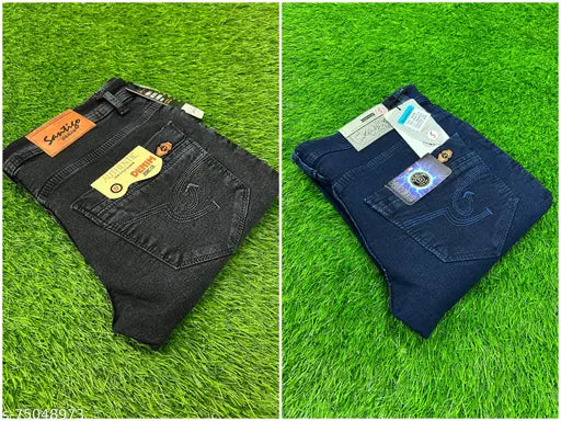 Made in India, men's denim combo jeans with soft stretchable fabric and long-lasting color. Solid denim, 2-pack in sizes 30, 32, 34, 36, 38