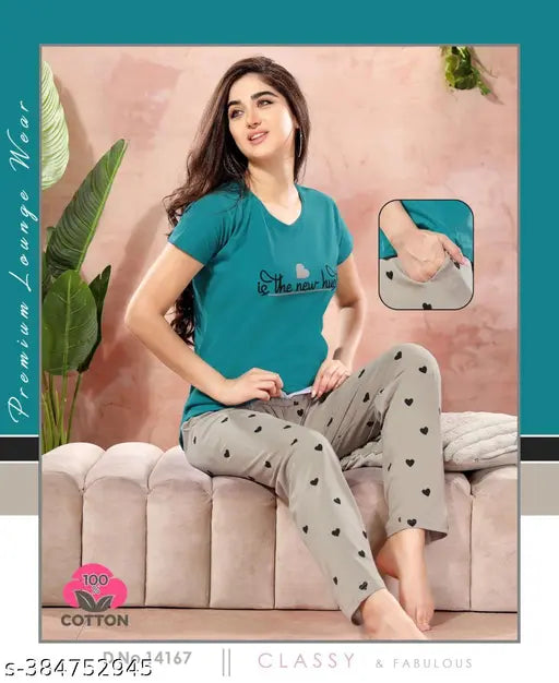 Sky Blue hosiery cotton night suit: women's half sleeve T-shirt and pajama pants, printed, regular fit