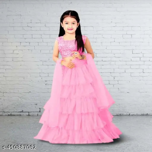 Velvet & satin semi-stitched Lahenga Choli, trendy kids' and girls' solid sequinned net design in various sizes (6-15 years), origin India