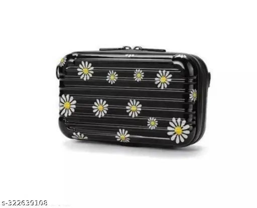 Black side sling bag with floral pattern, cosmetic suitcase style, latest women's fashion collection