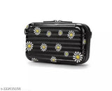 Black side sling bag with floral pattern, cosmetic suitcase style, latest women's fashion collection