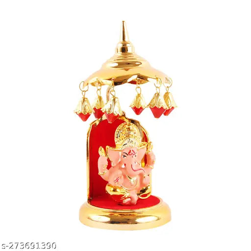 Gold Plate Ganesh Statue with Umbrella Chatri - Marble & Polyresin, elegant decor for cars, offices, or study tables