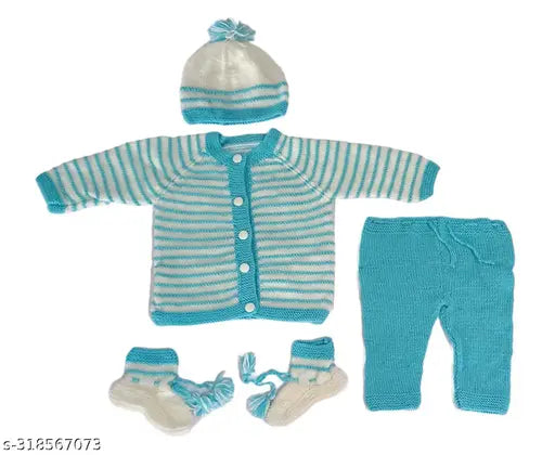 Handmade woolen striped sweater set for infants (0-12 months), includes pajama and cap. Made in India