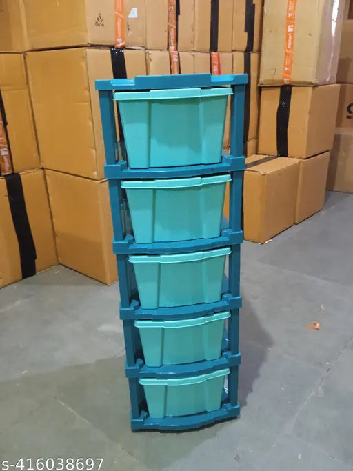 Blue and green plastic storage containers with multiple compartments, stackable design