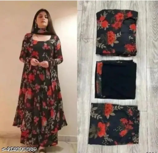 Stylish modern georgette dresses, printed net, long sleeves. Woman wearing fitted dress on mannequin