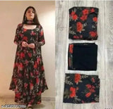 Stylish modern georgette dresses, printed net, long sleeves. Woman wearing fitted dress on mannequin