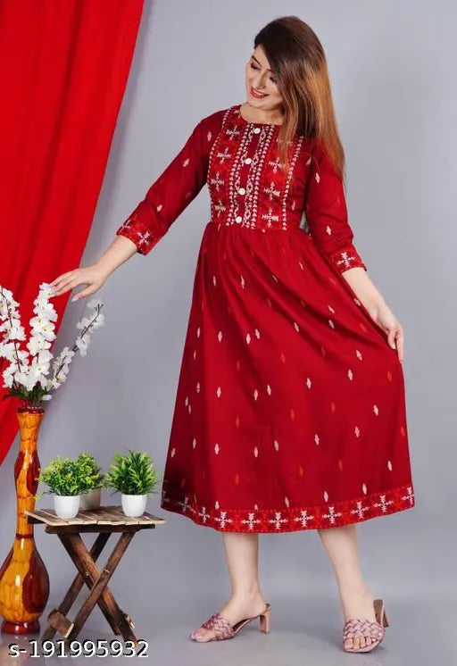 Red orange green yellow blue black gray printed rayon anarkali kurtis dress for women on model