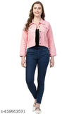 Light pink denim jacket, stylish women's long-sleeve solid denim jacket from India (S-XL)