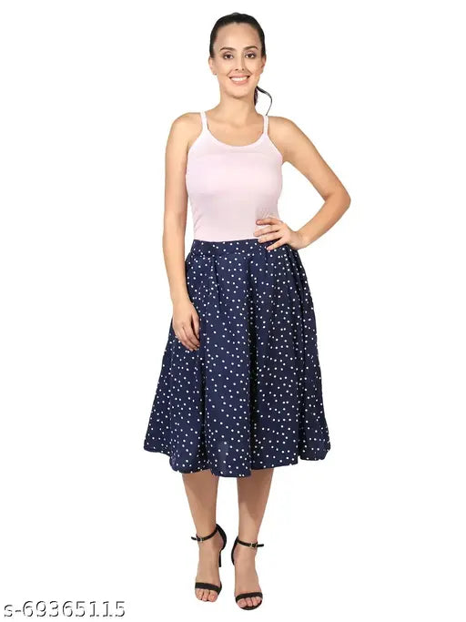 A navy blue dress with a small dot print, mid calf length, women's flared skirt, black floral pattern