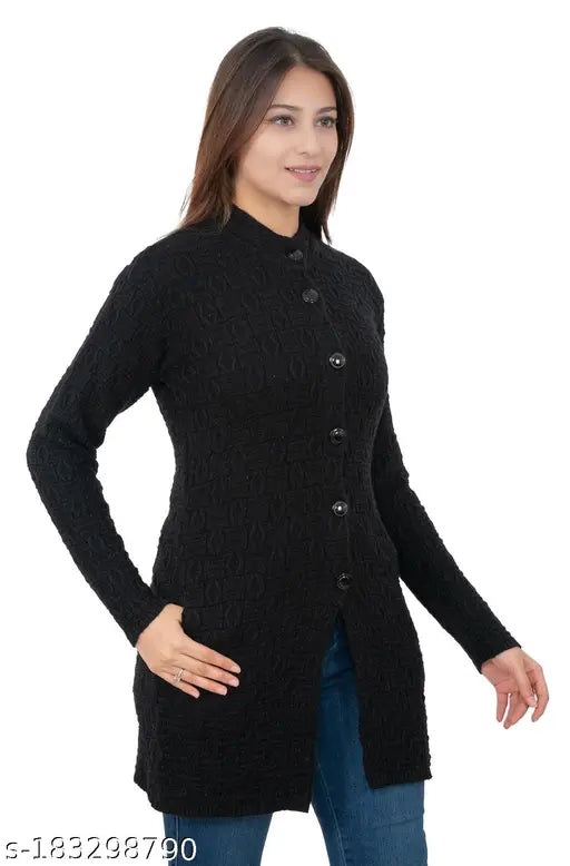 Warm, embroidered woolen cardigan with side pockets for women (M/L/XL/XXL), perfect for winter wear and pairing with jeans or leggings