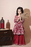 Rayon anarkali-sharara set for girls, embroidered top with dupatta, 5-12 years, Indian print