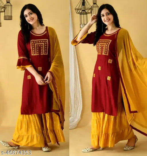 Red and gold embroidered women's kurta set with sharara, long sleeve, traditional Indian clothing