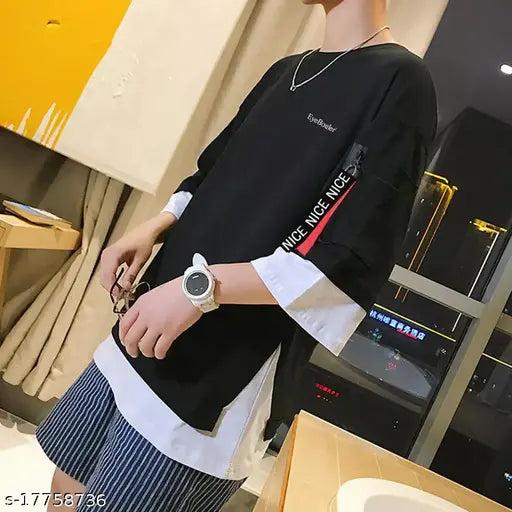 Black cotton solid round-neck T-shirt for men, short sleeves, EyeBogler brand